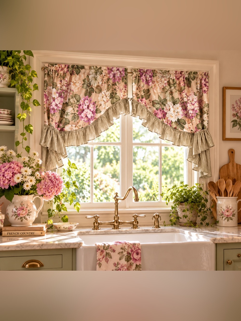 Vintage Martha Stewart Hydrangea Café Curtain Swag Set | Floral Cottagecore Wind